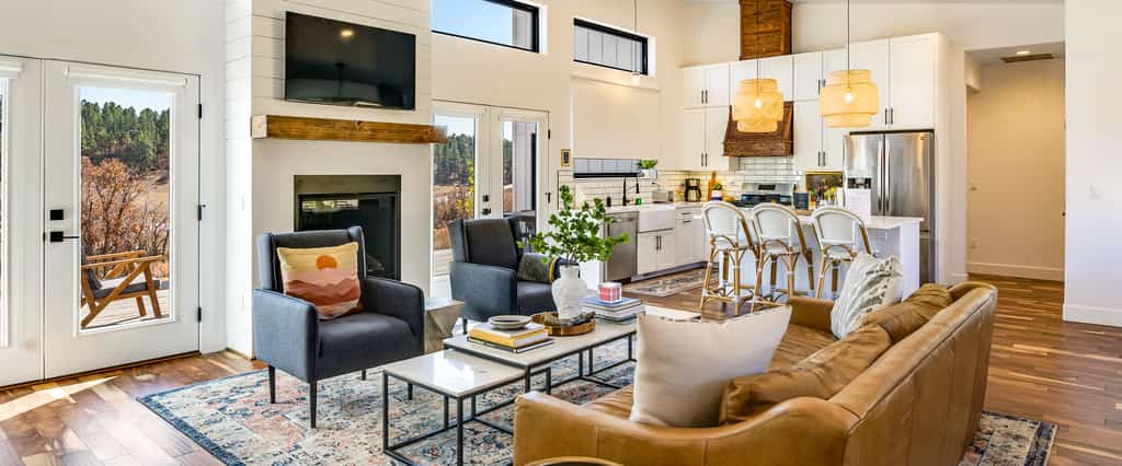 open layout living space and kitchen of pagosa springs, co vacation home