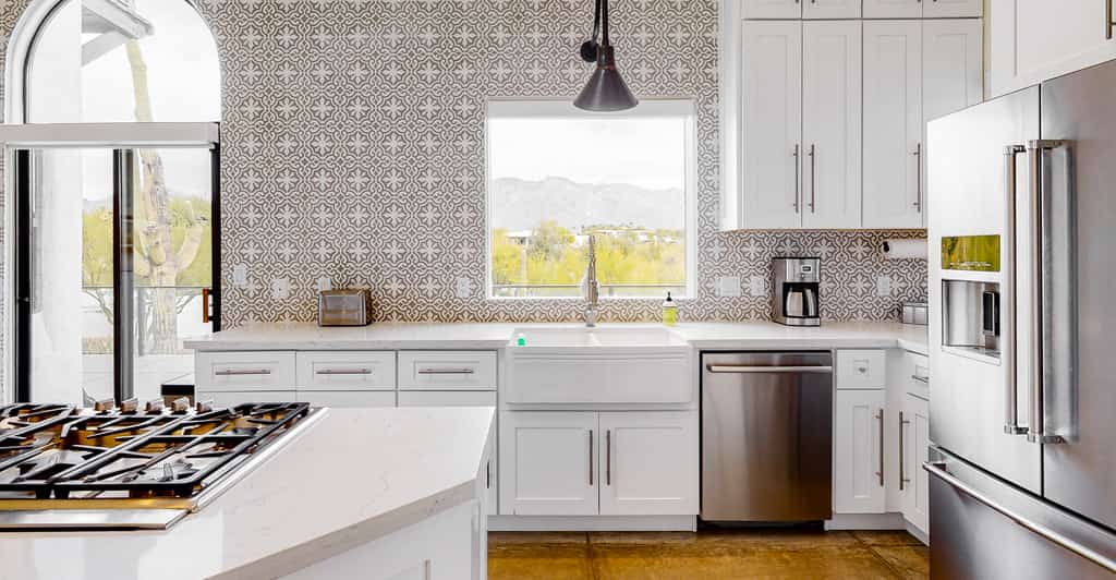 bright kitchen in tucson, az with fun wallpaper