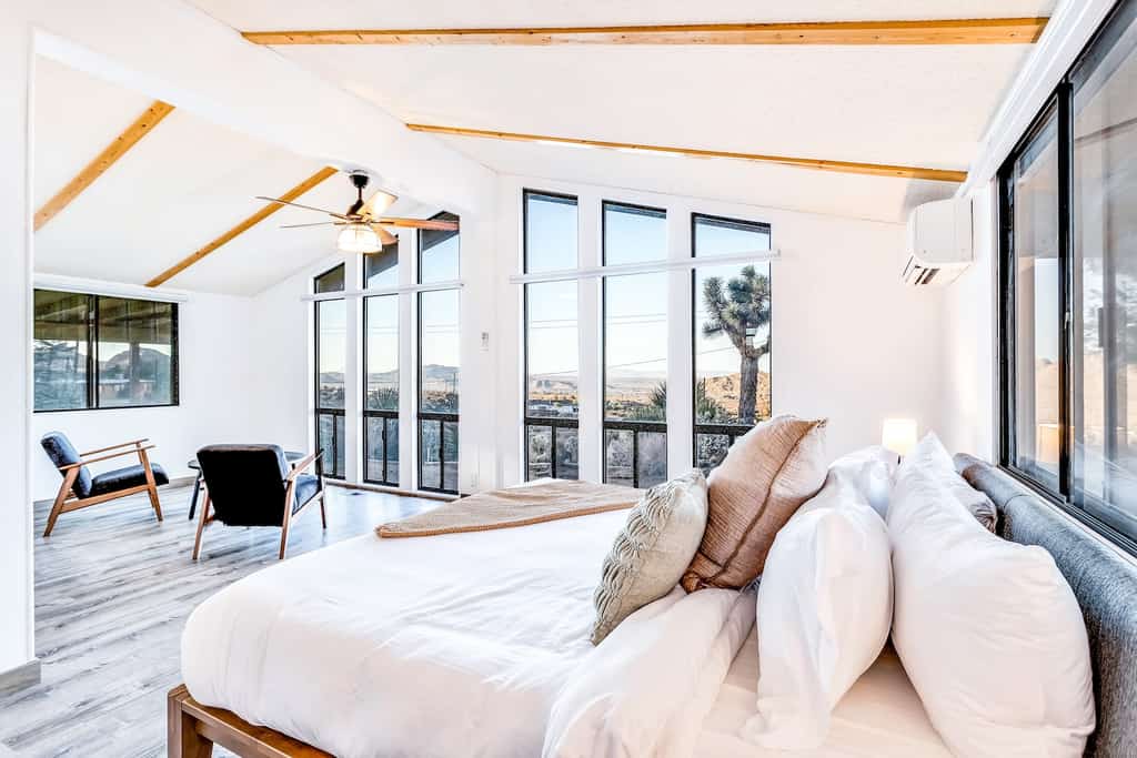 The bedroom at a vacation rental in Joshua Tree.