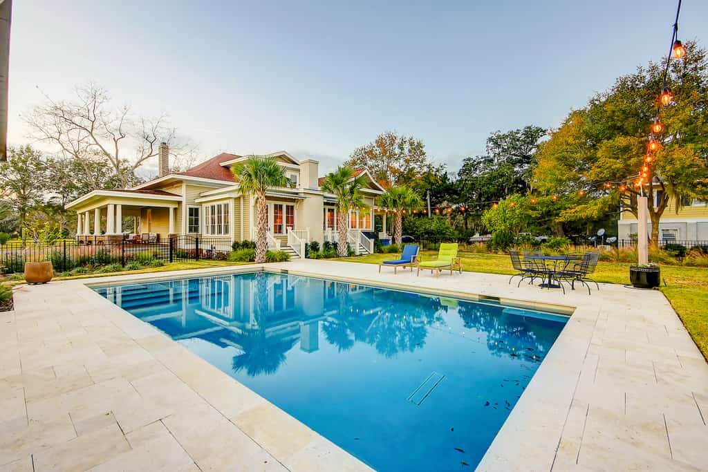 The backyard pool area at a vacation rental in Charleston, SC.
