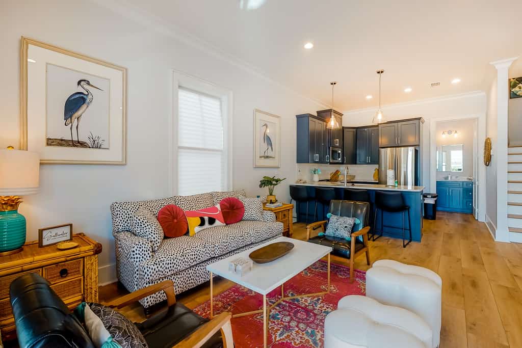 Fully furnished vacation home living room and kitchen in Gulf Shores, AL