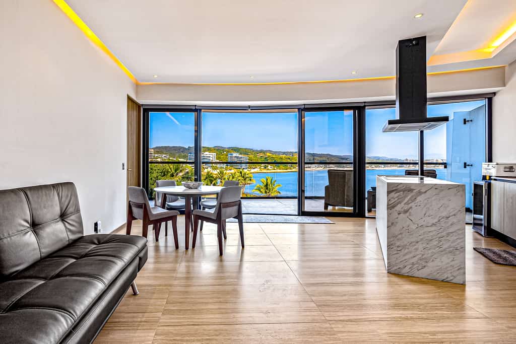 The living room of a vacation rental in Mexico.
