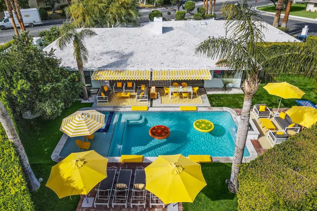 Drone shot of a pool in Palm Springs.