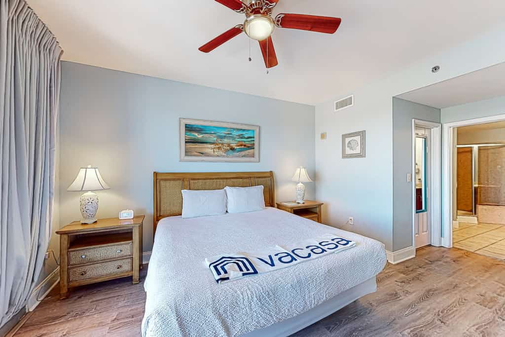The bedroom of a condo in Panama City Beach, Florida.