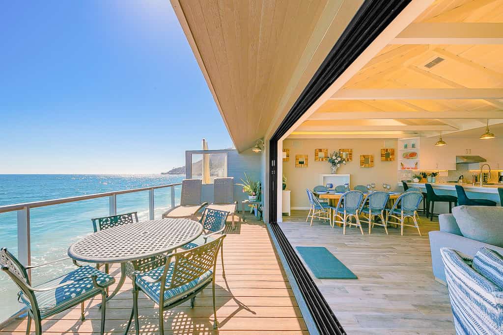 The deck of an oceanside vacation rental in Malibu, CA.