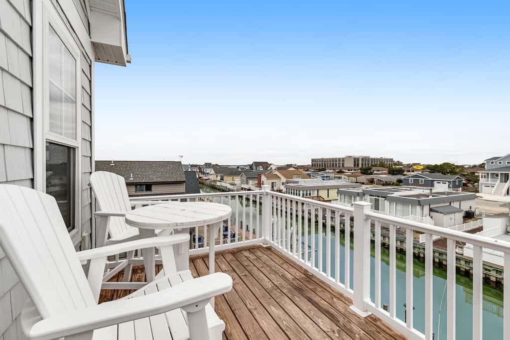 The deck overlooking a canal at a rental in Ocean City, MD.