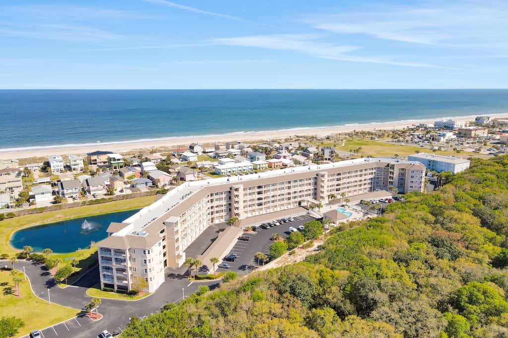 Sky view of a condo building overlooking the ocean on Amelia Island, Fl.
