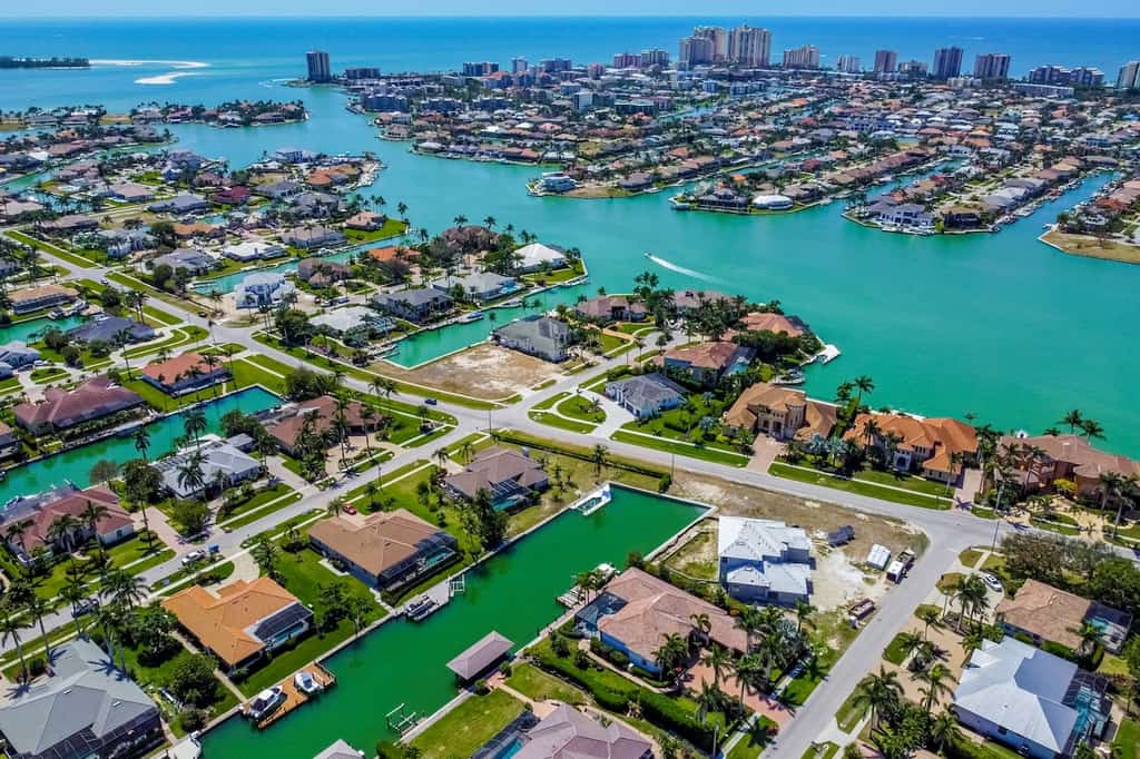 Marco Island drone shot overlooking the town and the ocean.