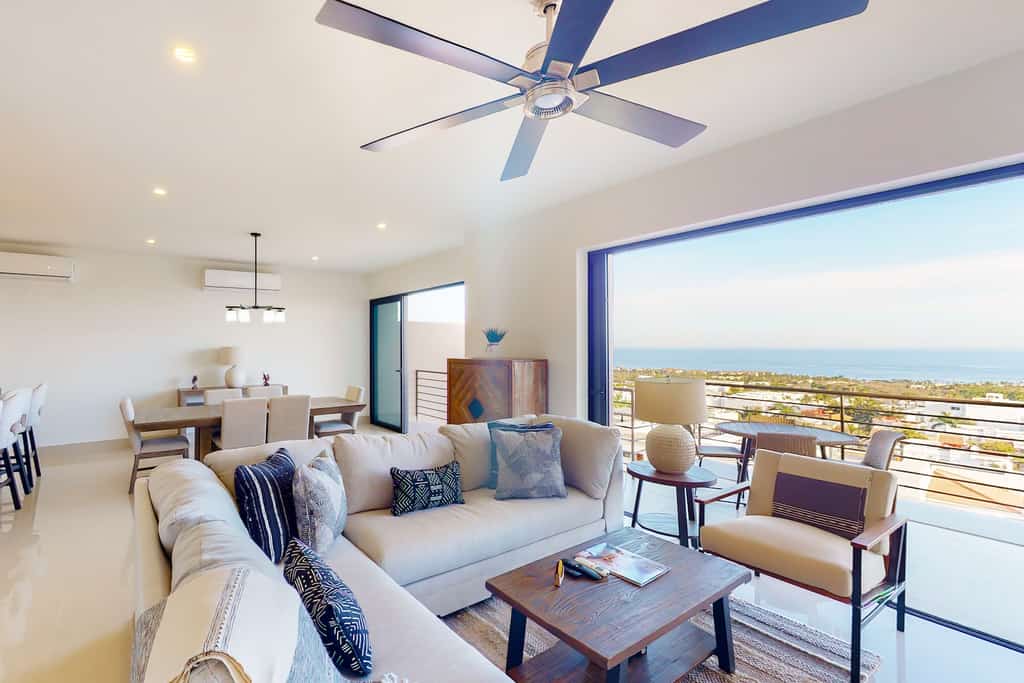 The living room of a vacation rental in Mexico.