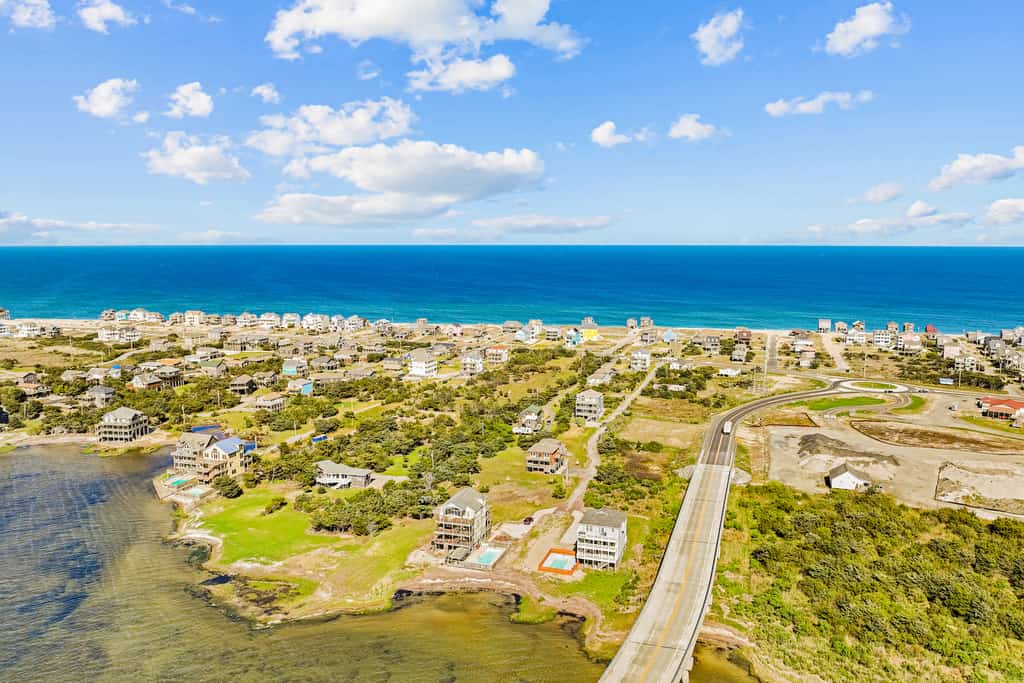 An overhead view of vacation homes in the Outer Banks.