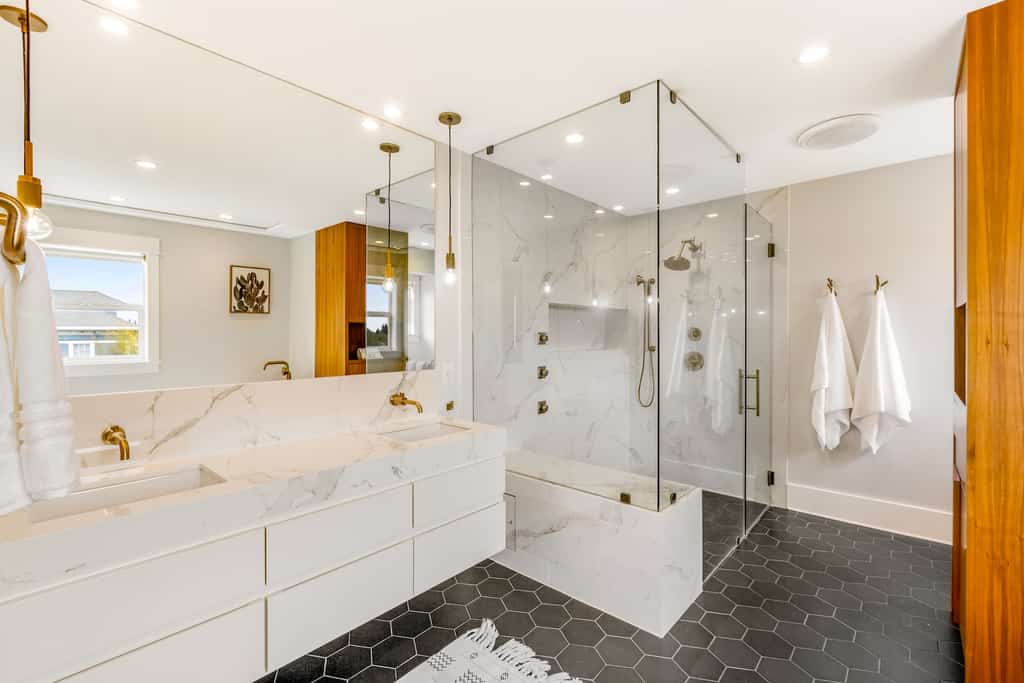 A contemporary bathroom at a vacation rental in Tacoma, WA.