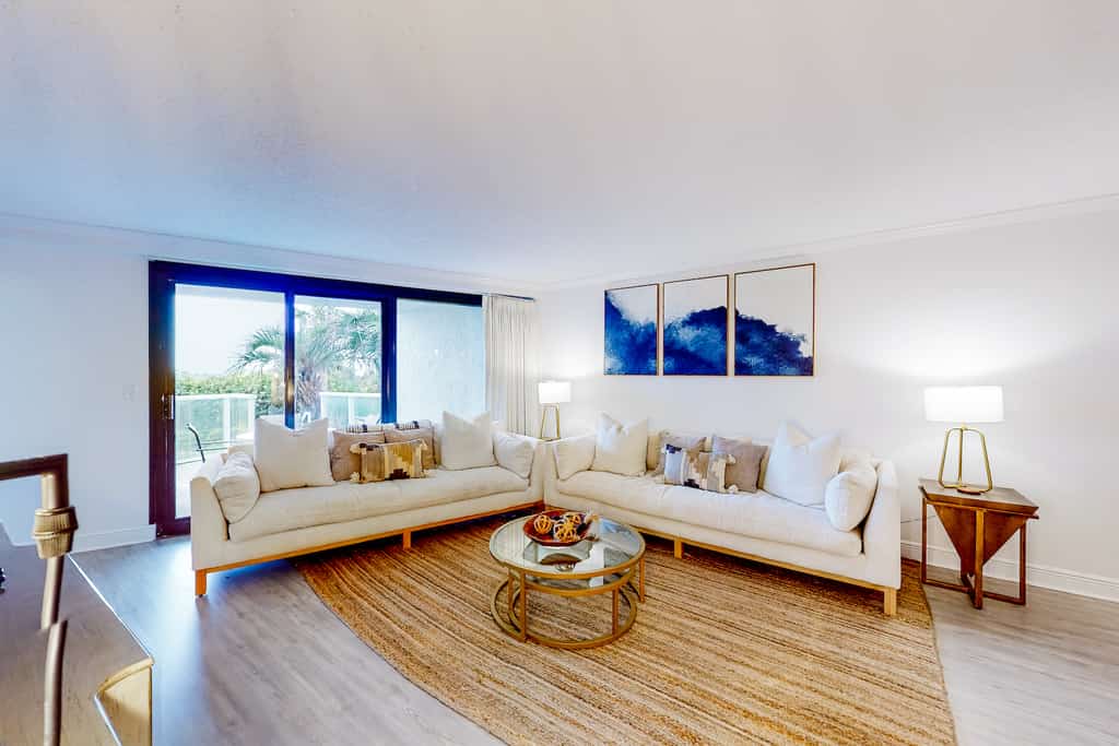 The living room of a vacation rental in Miramar Beach, Florida.