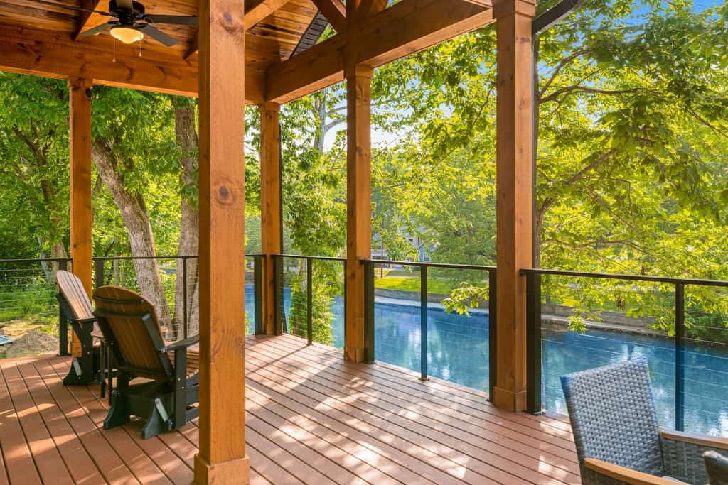The view of a river in Townsend, TN as seen from the deck at a vacation rental in Townsend, TN.