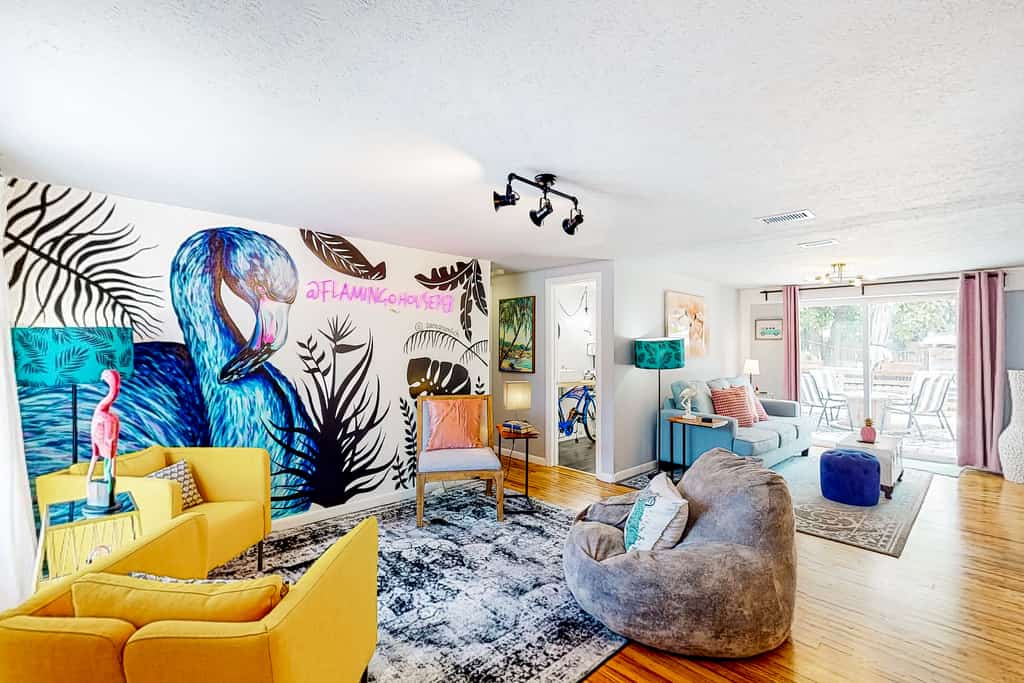 dog-friendly tropical vacation home with flamingo decor