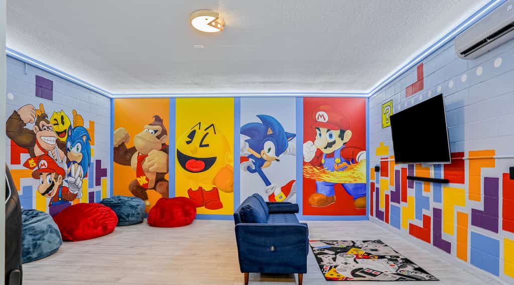 A room designed with video game characters at a rental in Kissimmee, FL.