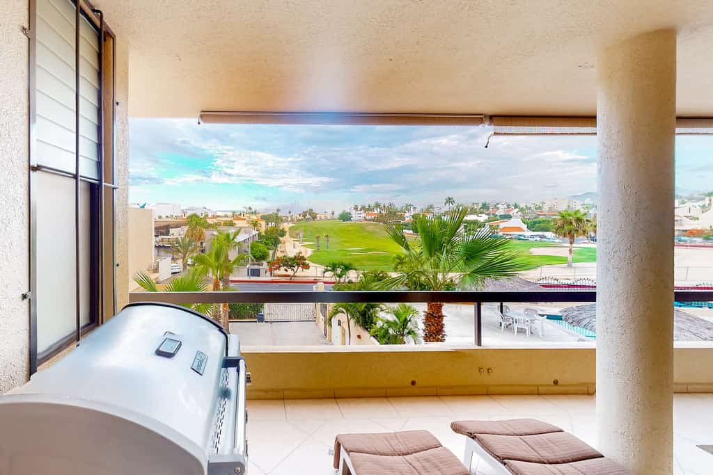 View from the back deck overlooking a golf course at a rental in San Jose del Cabo.