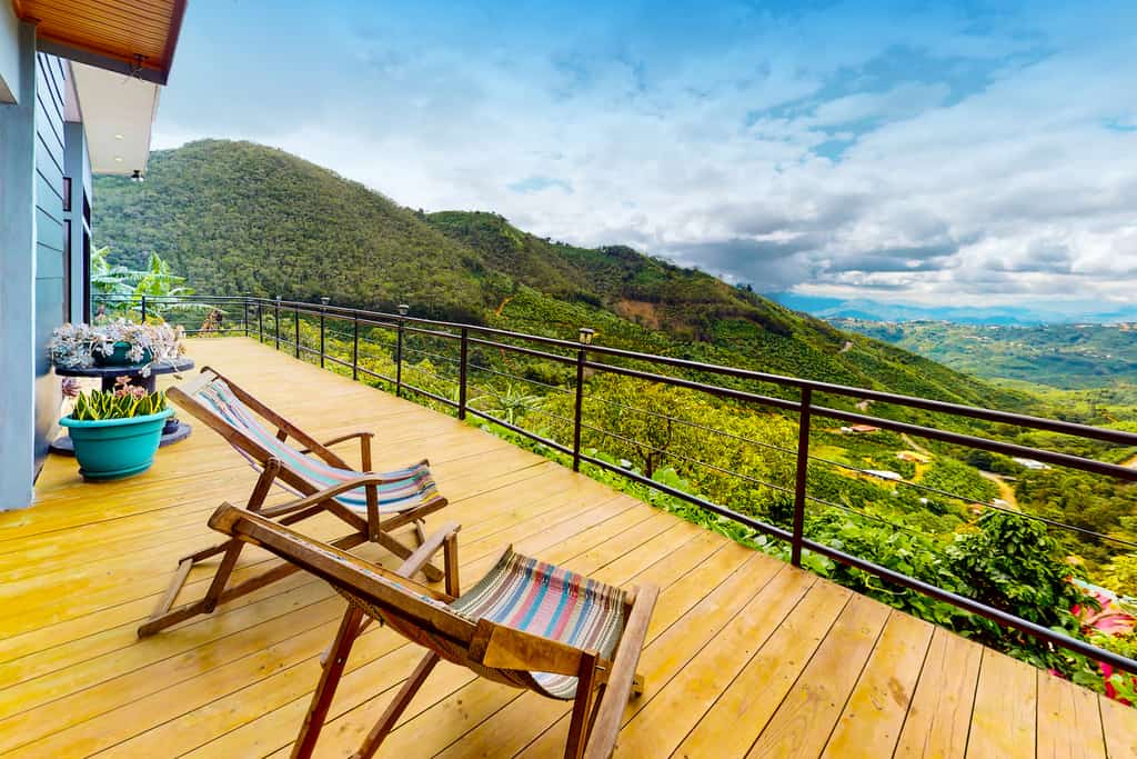 The balcony at a vacation rental in San Jose, Costa Rica with a view.