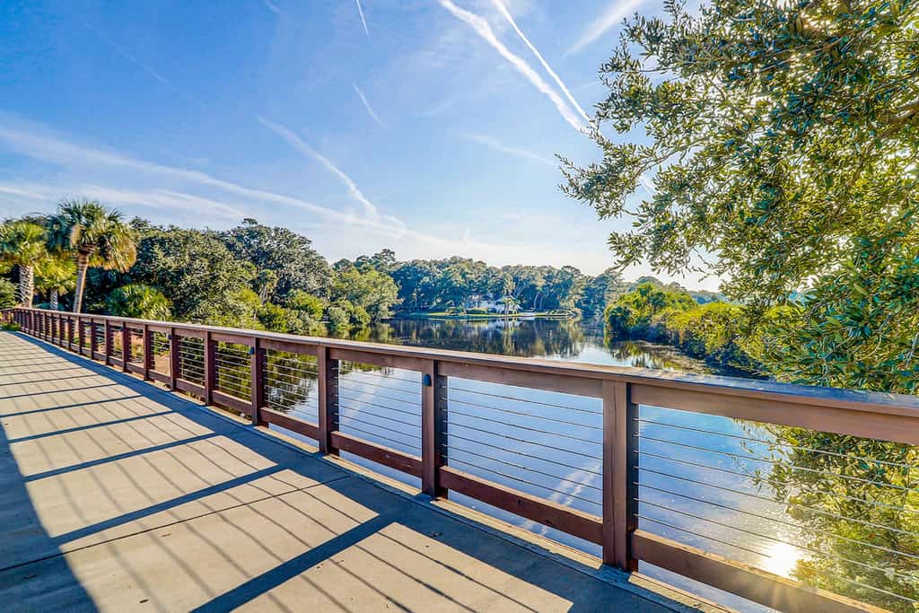The walkway overlooking the lake at Queens Grant Villas in Hilton Head Island.