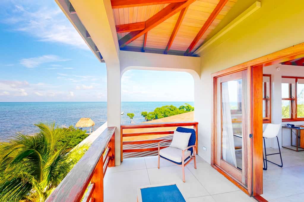 The view from the beach on a deck at a vacation rental in Caye Caulker, Belize.
