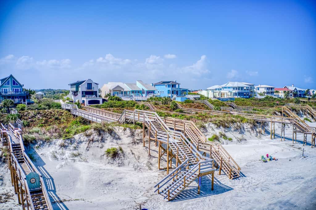 View of homes on a beach.