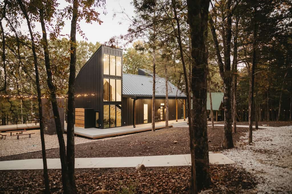 The exterior of a modern house in Garfield, AR.