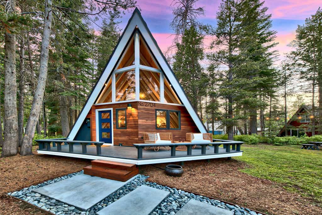The exterior of an a-frame cabin in Lake Tahoe.