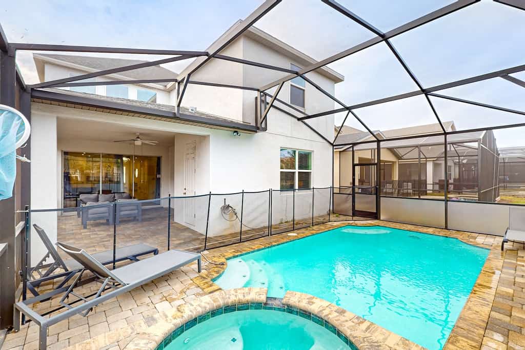 The pool area of a vacation rental.
