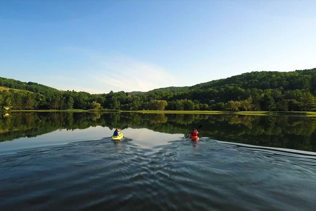 two people on a lake kayaking.