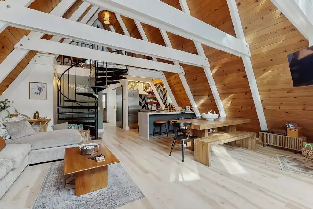 inside A-frame cabin living room