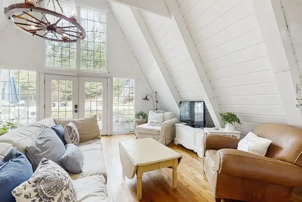 living room of A-frame cabin