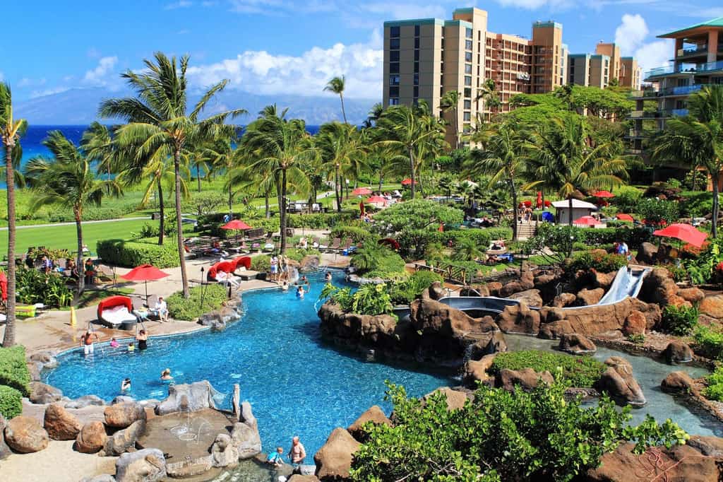 Families and couples swim in large resort pool in Hawaii