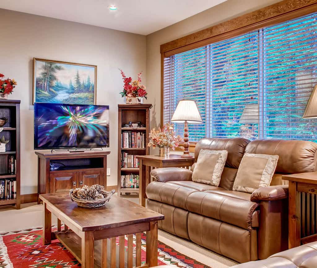 The living room of a vacation rental on Big White Mountain, BC.