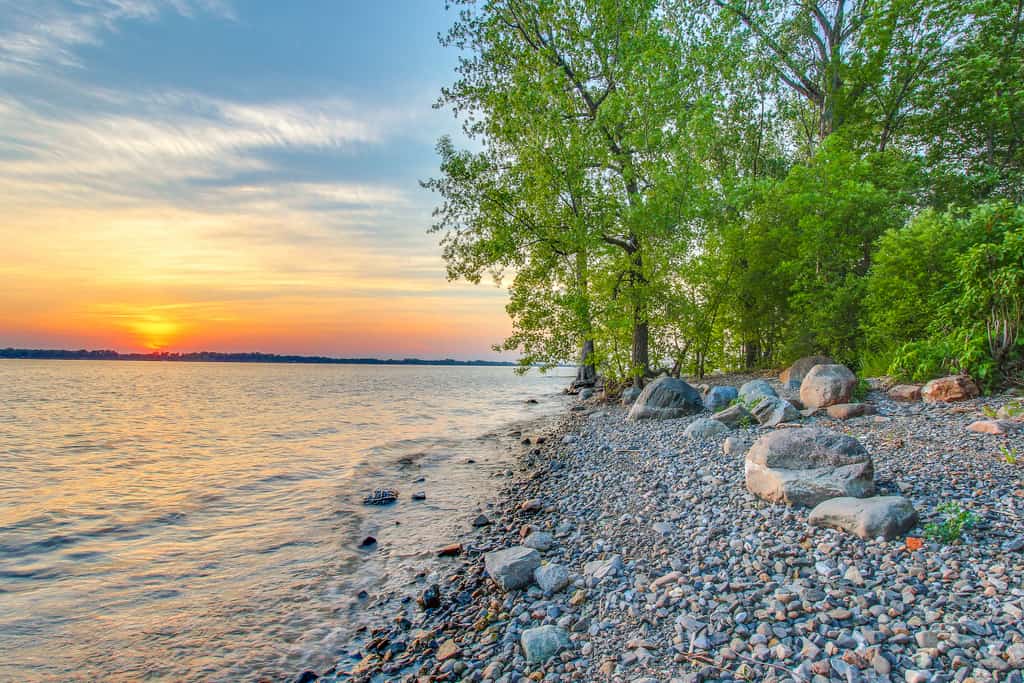Rocky shores of Lake Champlain, VT during a sunset