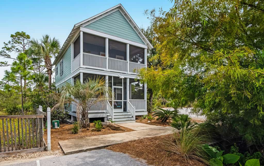 Teal colored vacation cottage