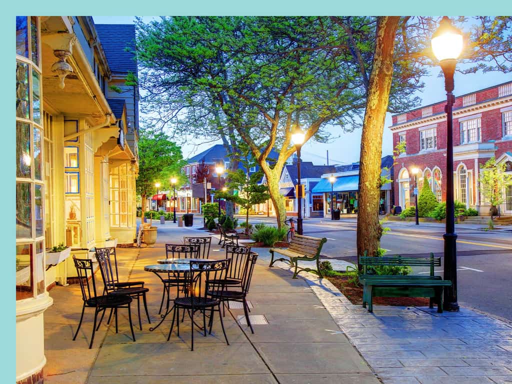 evening falls on the quaint shops of Cape Cod