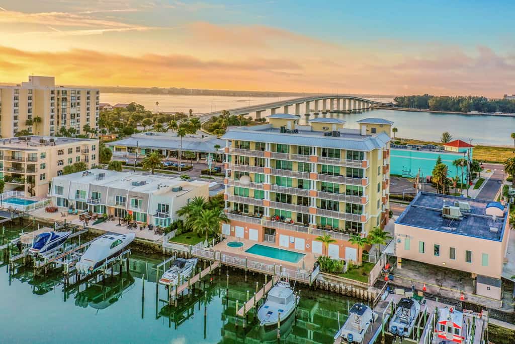 Aerial view of Clearwater, FL with boats and buildings