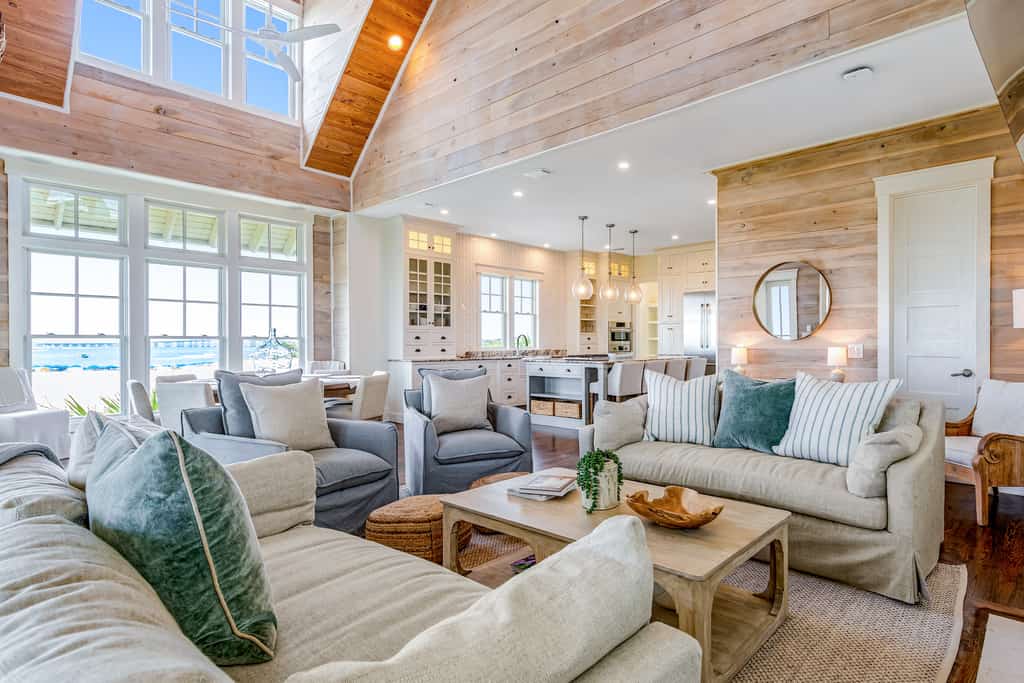 The living room of a vacation rental in Destin with a beach view.