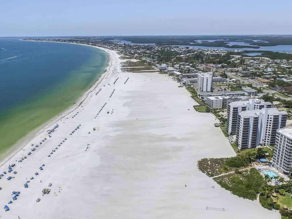 arial view of the ocean and beach in fort myers beach, florida