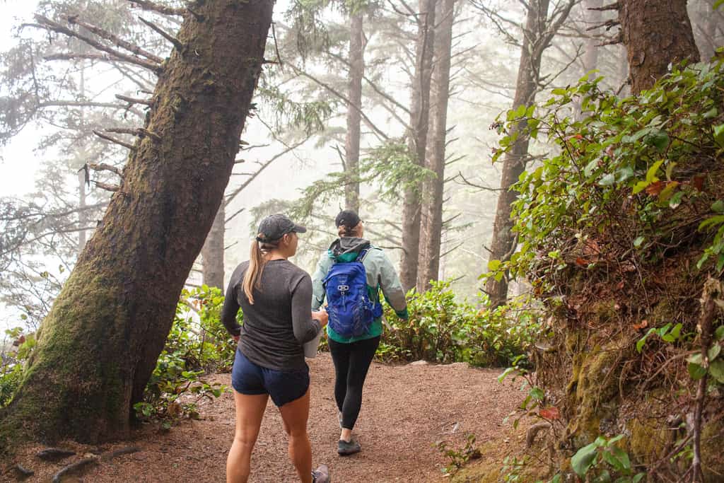 Two people hiking on a foggy forest trail in Oregon