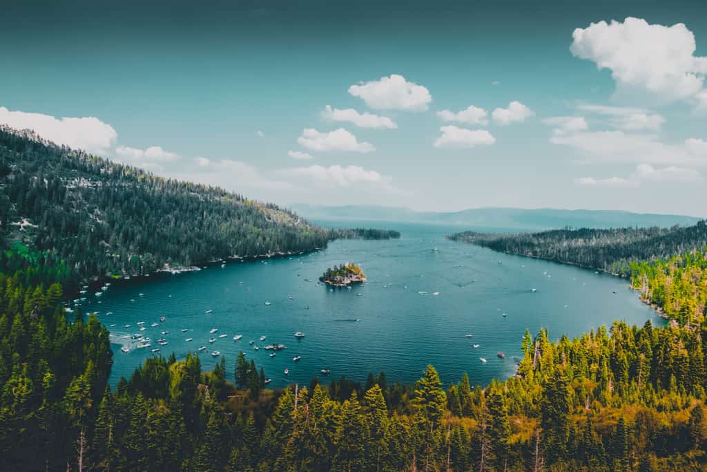 View of Lake Tahoe with a lot of boats in the water