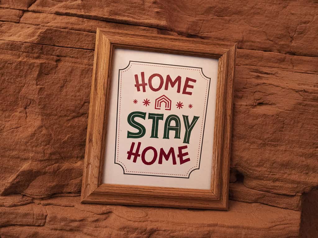 a Vacasa sign inside the grinch's cave that says "home stay home"