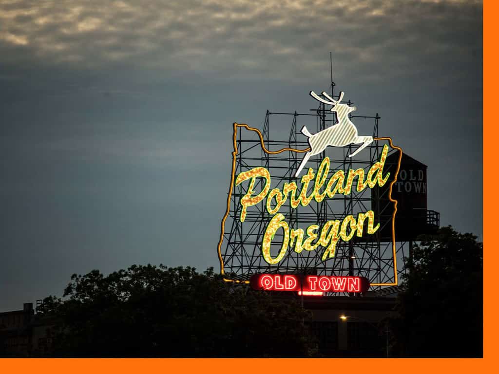 Iconic Portland, Oregon white stag Old Town sign