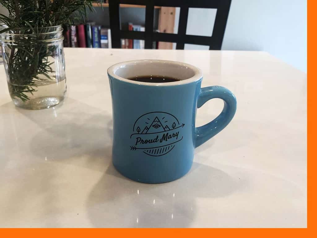 Mug of coffee from Proud Mary in Portland, Oregon