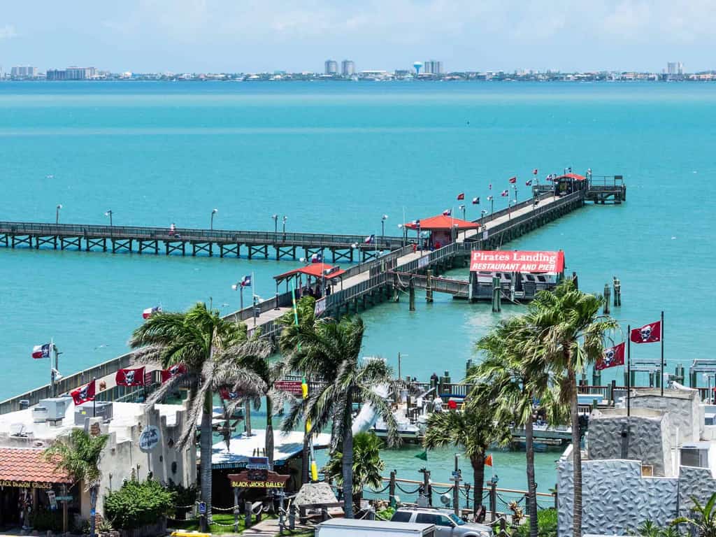 View of the pier and blue ocean in South Padre Island, Texas