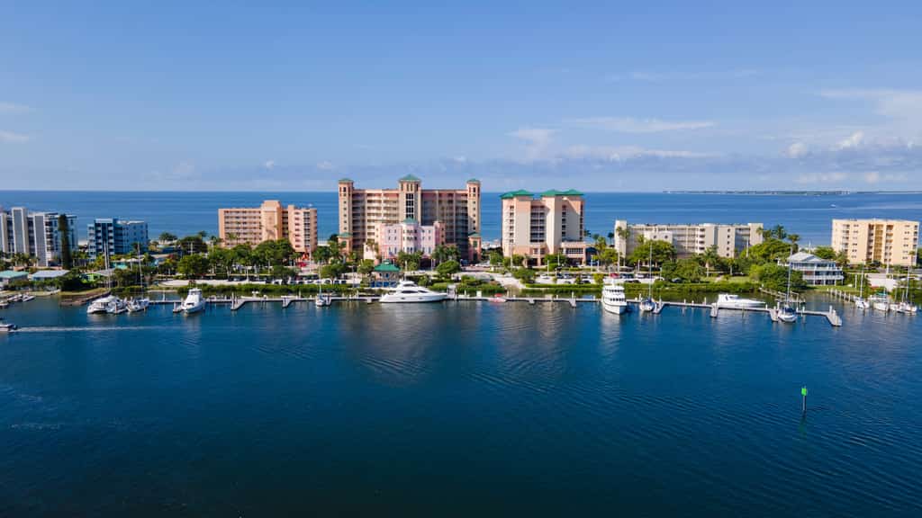Aerial view of St. Myers Florida surrounded by water