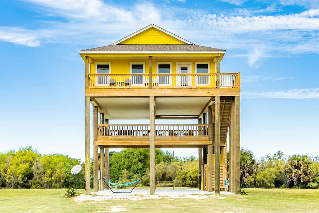 A home on stilts on the Texas Gulf Coast.