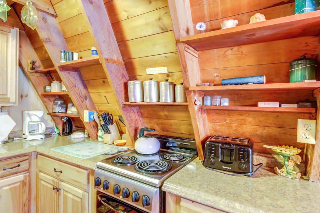 Kitchen of a-frame cabin rental located in Ludlow, VT