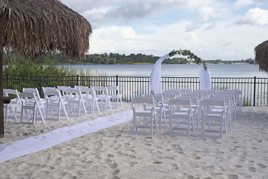 The wedding setting behind a lake at Bahama Bay Resort in Davenport, FL.