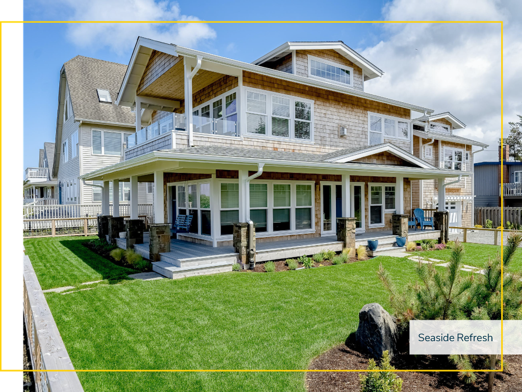 Vacation home with a well-groomed lawn in a neighborhood on a sunny day.