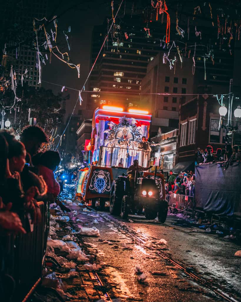 Mardi Gras festivities highlighted by a parade and a float.